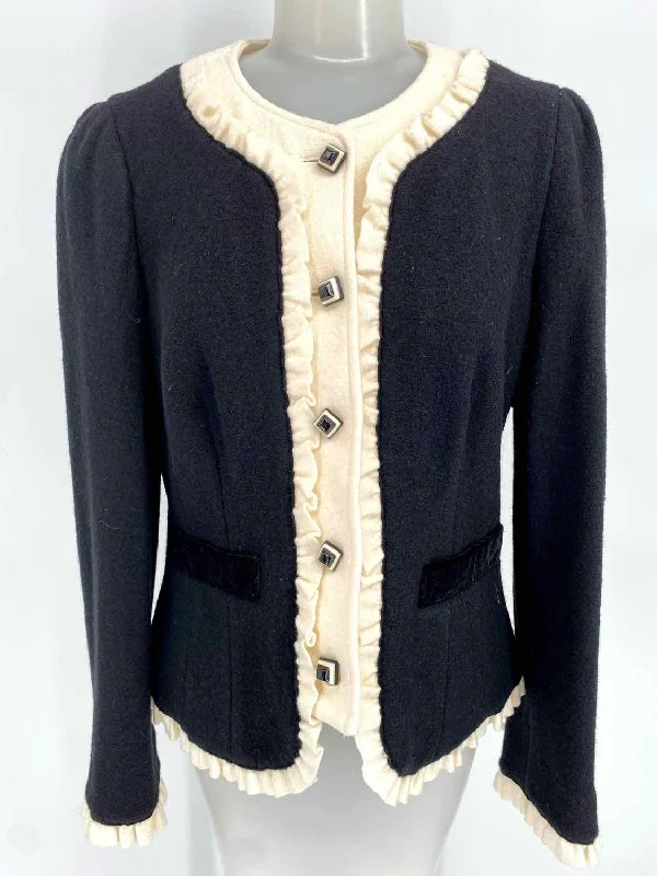 Luisa Spagnoli Women's Black/Ivory Button Down Wool Ruffled Size 44/S Jacket Tailored Jacket Straight Jacket A-Line Jacket