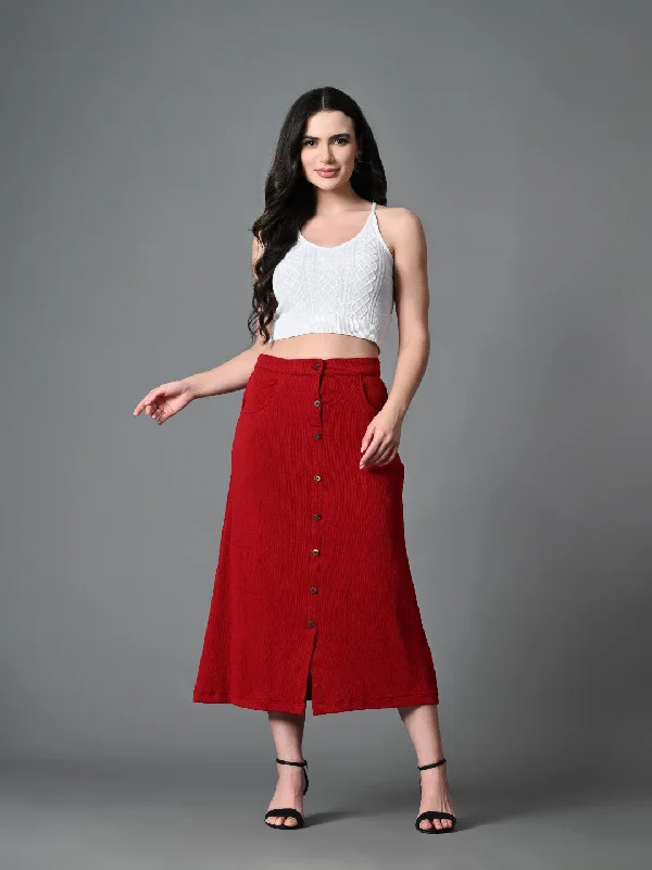 Myshka Women's Solid Ribbed A-Line Embellished Casual Skirt in Maroon Color wool skirt warm