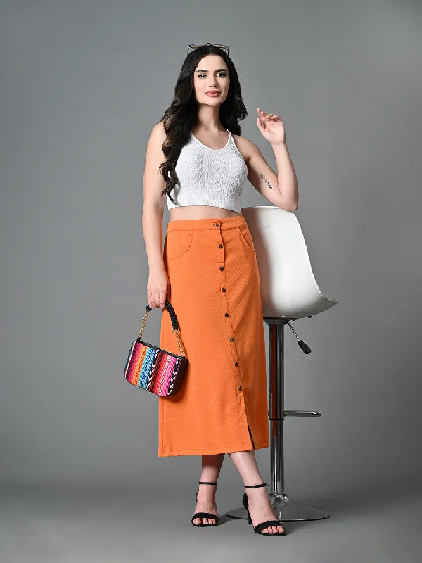 Myshka Women's Solid Ribbed A-Line Embellished Casual Skirt in Orange Color corduroy skirt cozy