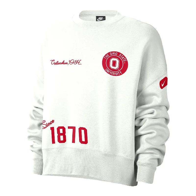 Ladies Ohio State Buckeyes Nike Everyday Campus White Crew Neck Sweatshirt Hoodie with Ribbed Neckline Snug Warm Ladies Ohio State Buckeyes Nike Everyday Campus White Crew Neck Sweatshirt Hoodie with Ribbed Neckline Snug Warm