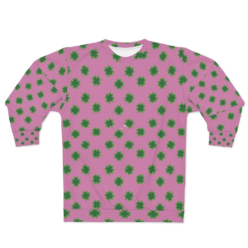 Pink St. Patrick's Day Shirt, Green Clover Print Unisex Couples Designer Sweatshirt- Made in USA Hoodie with Lining Warm Insulated