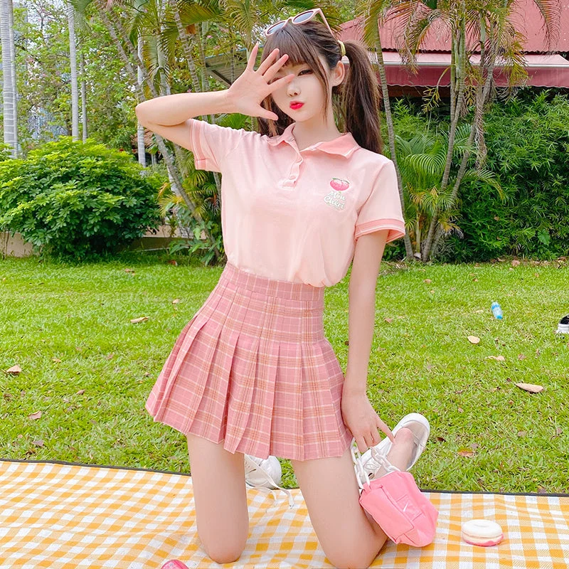 Pink T-shirt + pleated skirt two-piece set  PL52282 silk skirt lustrous
