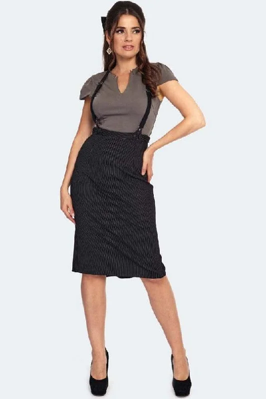 Pinstipe Button And Vent Detail Suspender Skirt leather skirt durable