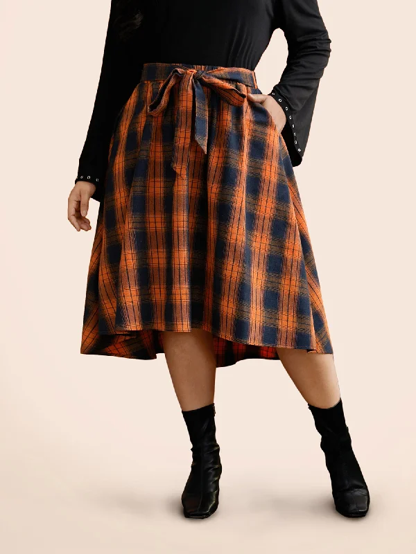 Plaid Waist Tie A-Line Skirt leather skirt sleek
