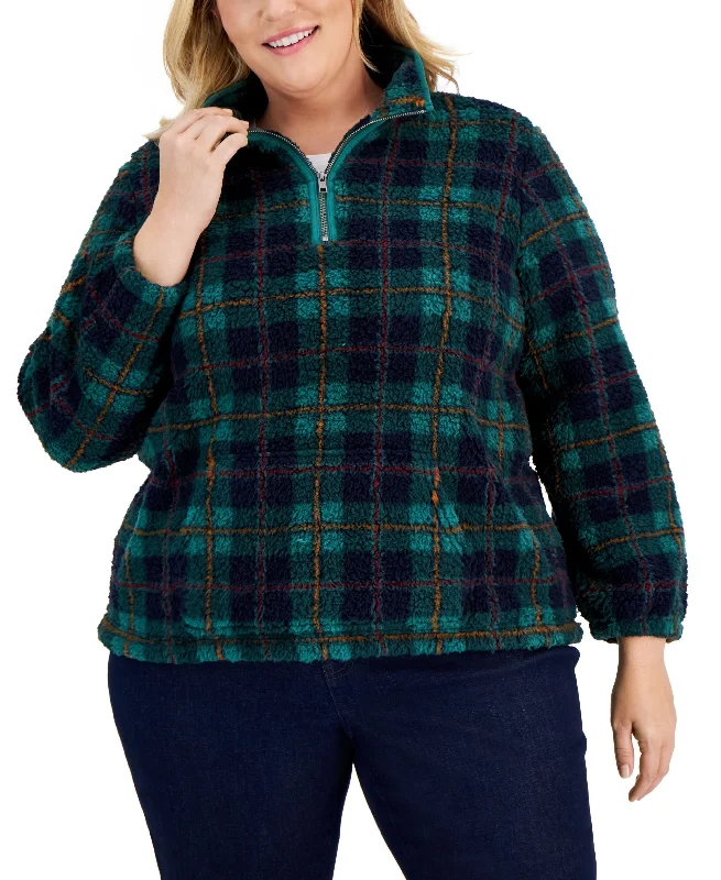 Plus Size Plaid Sherpa Sweatshirt Hoodie with Illustration Artistic Creative