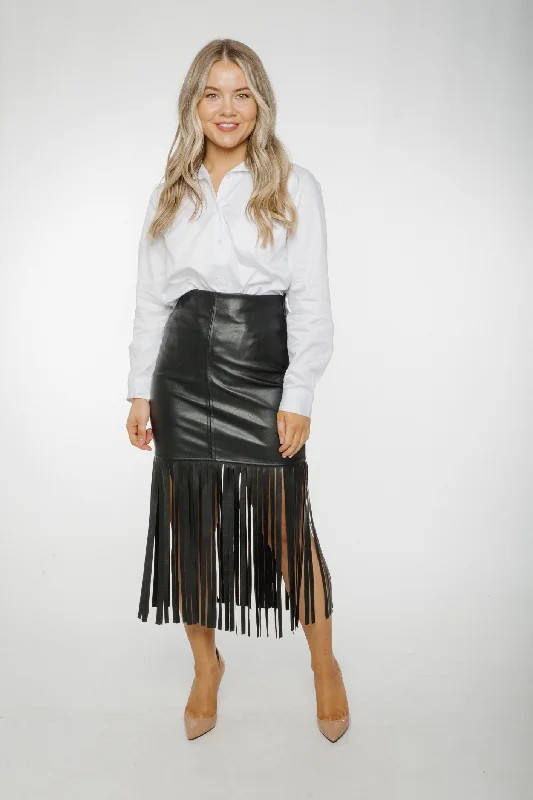 Rachel Fringed Leather Skirt In Black wool skirt breathable
