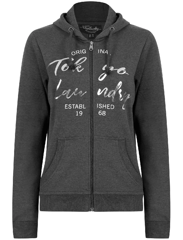 Rayne Zip Through Hoodie with Foil Motif in Charcoal Marl - Tokyo Laundry Hoodie with Toggle Buttons Decorative Unique Rayne Zip Through Hoodie with Foil Motif in Charcoal Marl - Tokyo Laundry Hoodie with Toggle Buttons Decorative Unique