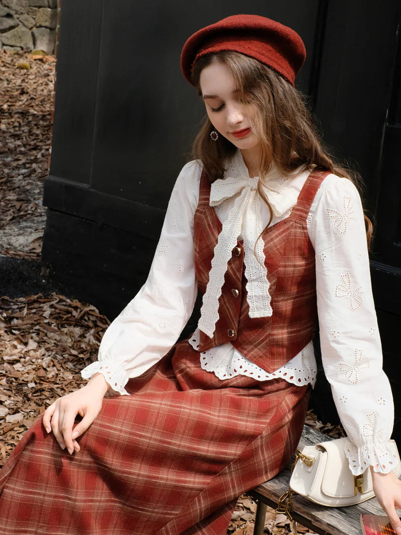 Retro Academia Blouse Plaid Vest Skirt Set tiered skirt playful