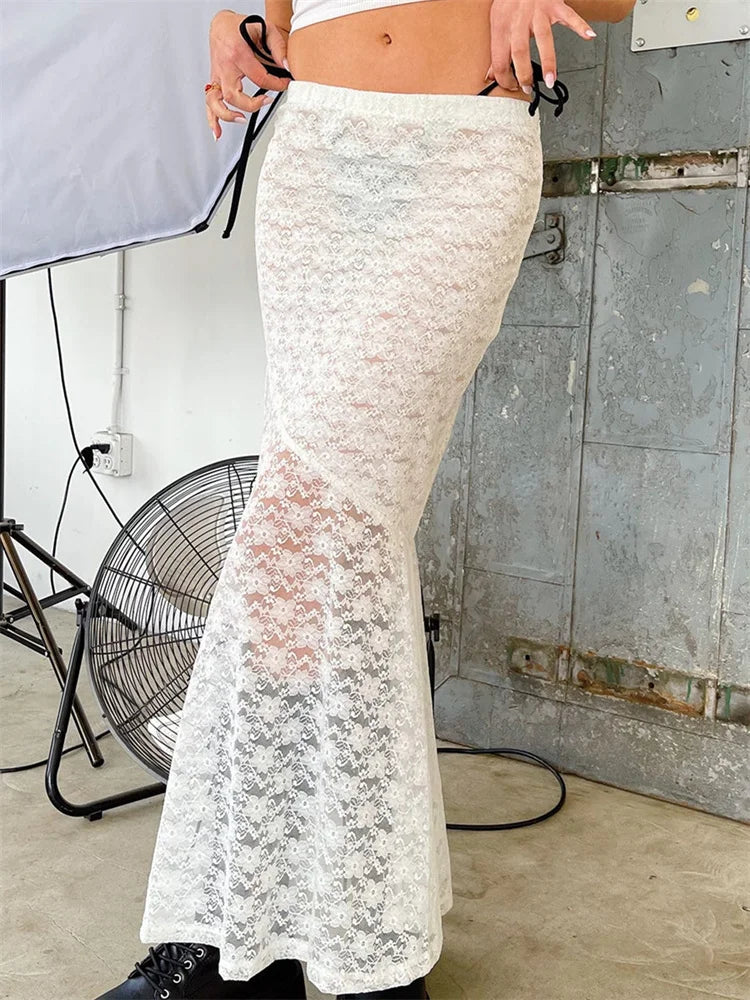 JuliaFashion - Retro Y2K Fairy  Long Vintage Lace Floral Mesh Sheer See Through Bow Tie Up Beachwear Skirts cashmere skirt fine