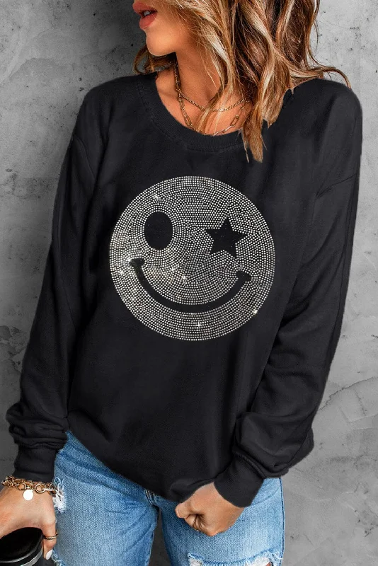 Rhinestone Smile Long Sleeve Sweatshirt Hoodie with Back Slit Movement Comfort