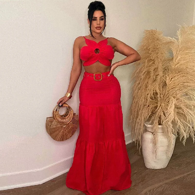 Sexy Solid Color Special-Shaped Strap Large Skirt Belt Set leather skirt sleek