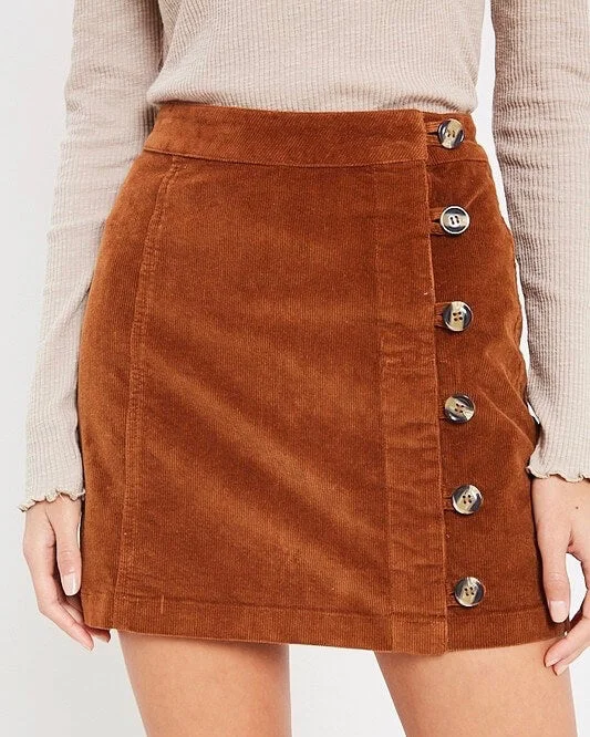 Side Button Up Corduroy Mini Skirt - Camel linen skirt light