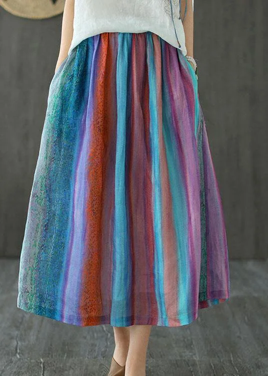 Style Striped Retro Patchwork A Line Skirts Ramie lace skirt romantic