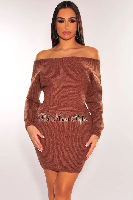 Toffee Ribbed Knit Sweater High Waist Skirt Two Piece Set chiffon skirt flowing