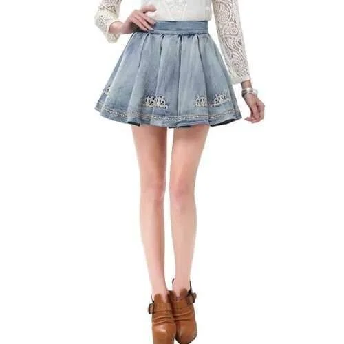 Trendy High-Waisted Bleach Wash Embroidered Ruffled Women's Denim Skirt - Blue M silk skirt elegant