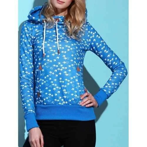 Cute Hooded Long Sleeve Birds Print Drawstring Women's Hoodie - Blue S Hoodie with Hem Ribbing Snug Secure Cute Hooded Long Sleeve Birds Print Drawstring Women's Hoodie - Blue S Hoodie with Hem Ribbing Snug Secure