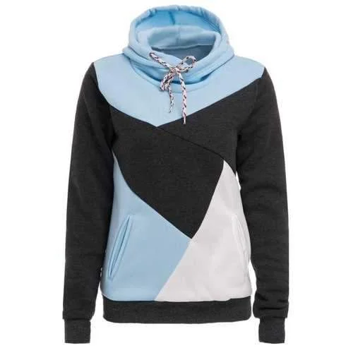 Chic Hooded Long Sleeve Color Block Pocket Design Women's Hoodie - Blue And White M Hoodie with Applique Textured Unique Chic Hooded Long Sleeve Color Block Pocket Design Women's Hoodie - Blue And White M Hoodie with Applique Textured Unique