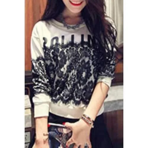 Stylish Scoop Neck Long Sleeve Lace Spliced Letter Pattern Women's Sweatshirt - White Xl Hoodie with Ribbed Neckline Snug Warm