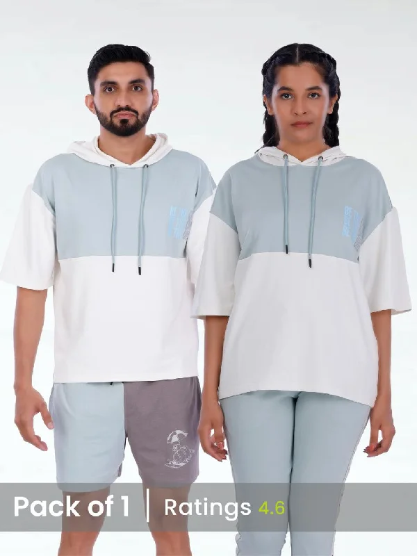Unisex Blue & White Colourblock Half Sleeve Sweatshirt Hoodie with Raw Hem Edgy Unfinished Unisex Blue & White Colourblock Half Sleeve Sweatshirt Hoodie with Raw Hem Edgy Unfinished