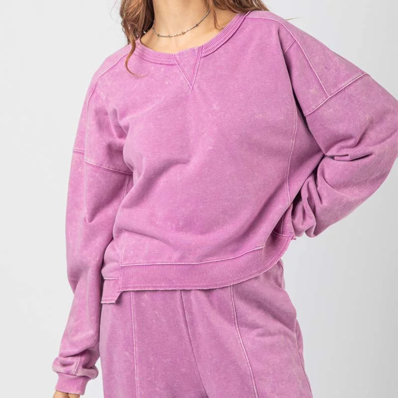 Washed Crewneck Sweatshirt Hoodie with Back Slit Movement Comfort