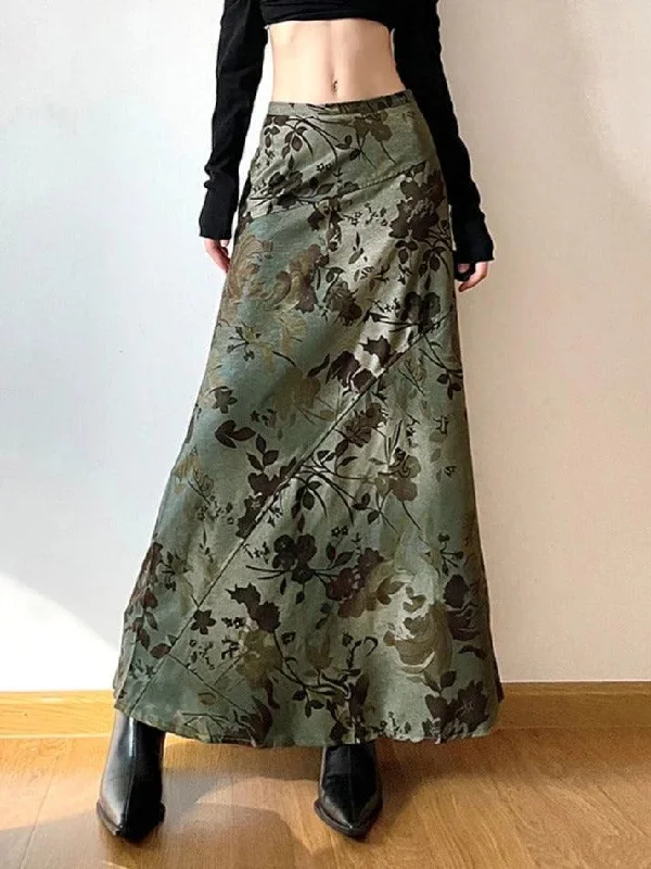 Vintage Flower Print Irregular Splice Midi Skirt belted skirt waist