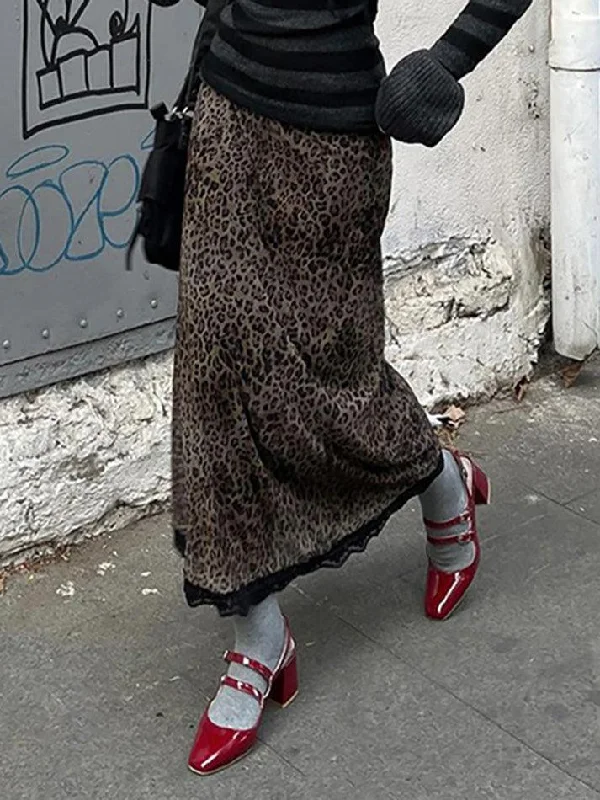 Vintage Leopard Print Lace Halter Skirt wool skirt breathable