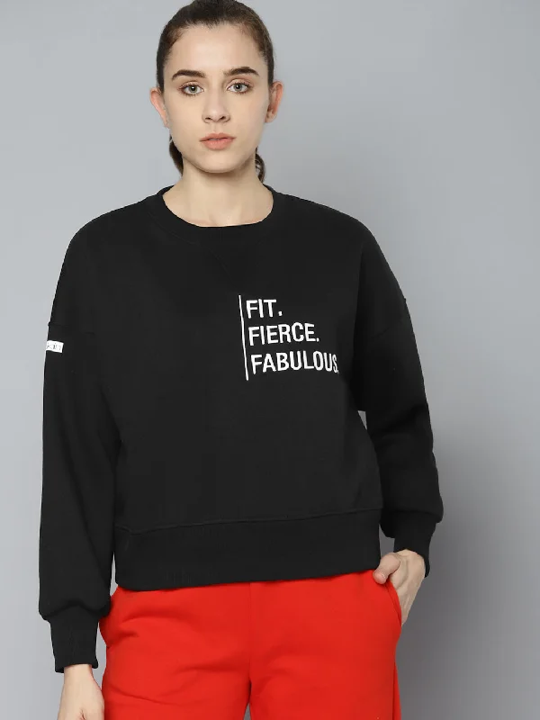 Women Black & White Cotton Typography Embroidered Fleece Sweatshirt Hoodie with Metallic Shiny Futuristic