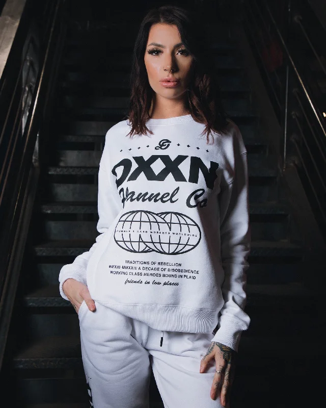 Women's Black Tech Crewneck Sweatshirt - White Hoodie with Earth Tones Natural Calm