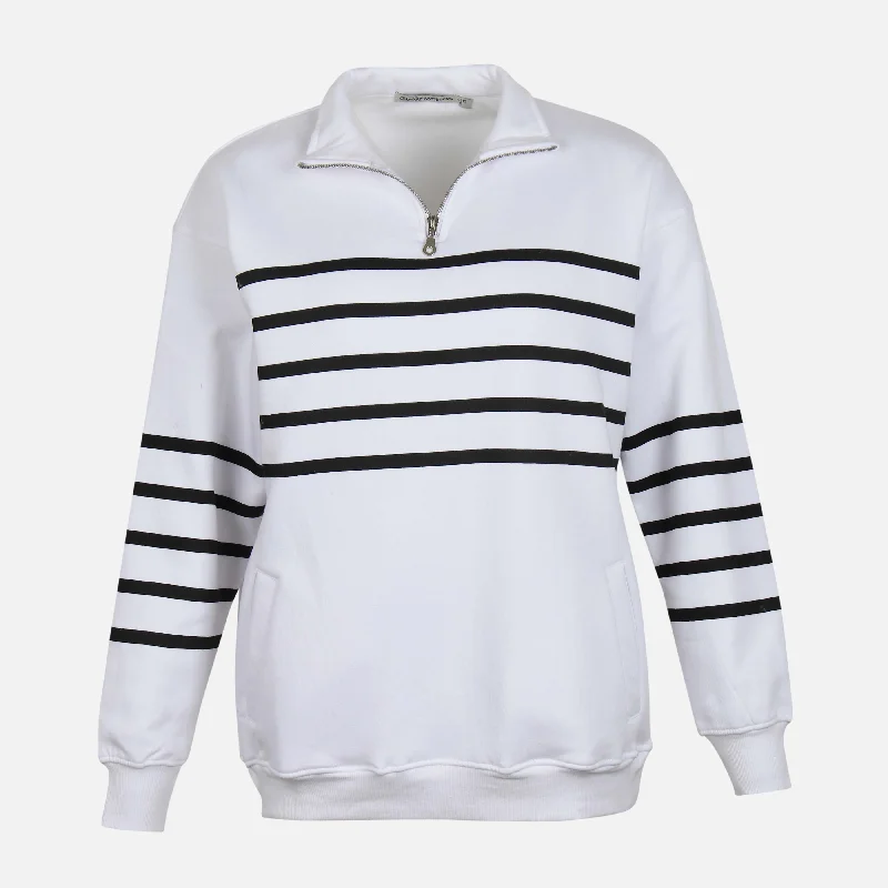 WOMEN HALF-ZIP BROAD FIT SWEATSHIRT Hoodie with Hem Contrast Bold Stylish
