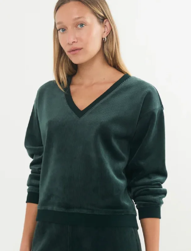 Women's Velour Corduroy V Neck Sweatshirt Hoodie with Back Slit Movement Comfort