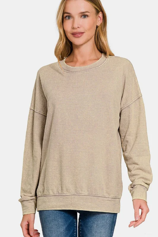 Zenana Washed Round Neck Dropped Shoulder Sweatshirt Hoodie with Bell Sleeves Flared Feminine Zenana Washed Round Neck Dropped Shoulder Sweatshirt Hoodie with Bell Sleeves Flared Feminine