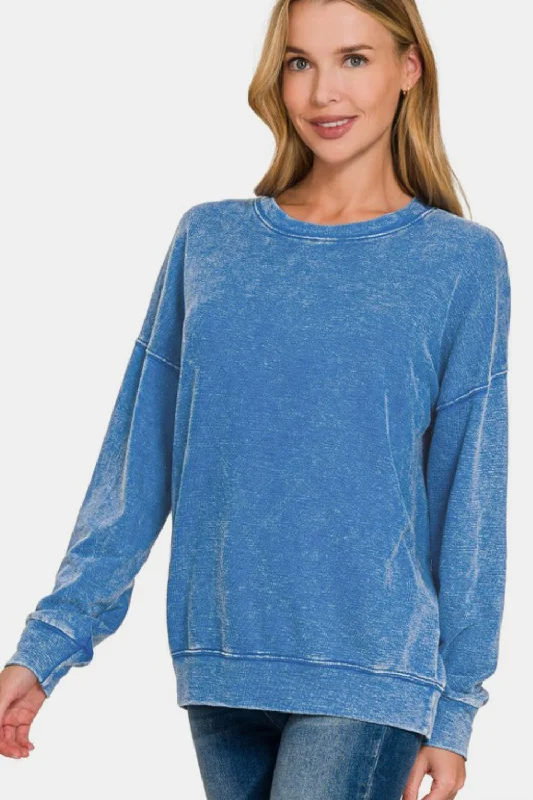 Zenana Washed Round Neck Dropped Shoulder Sweatshirt Hoodie with Longline Fit Extended Stylish Zenana Washed Round Neck Dropped Shoulder Sweatshirt Hoodie with Longline Fit Extended Stylish
