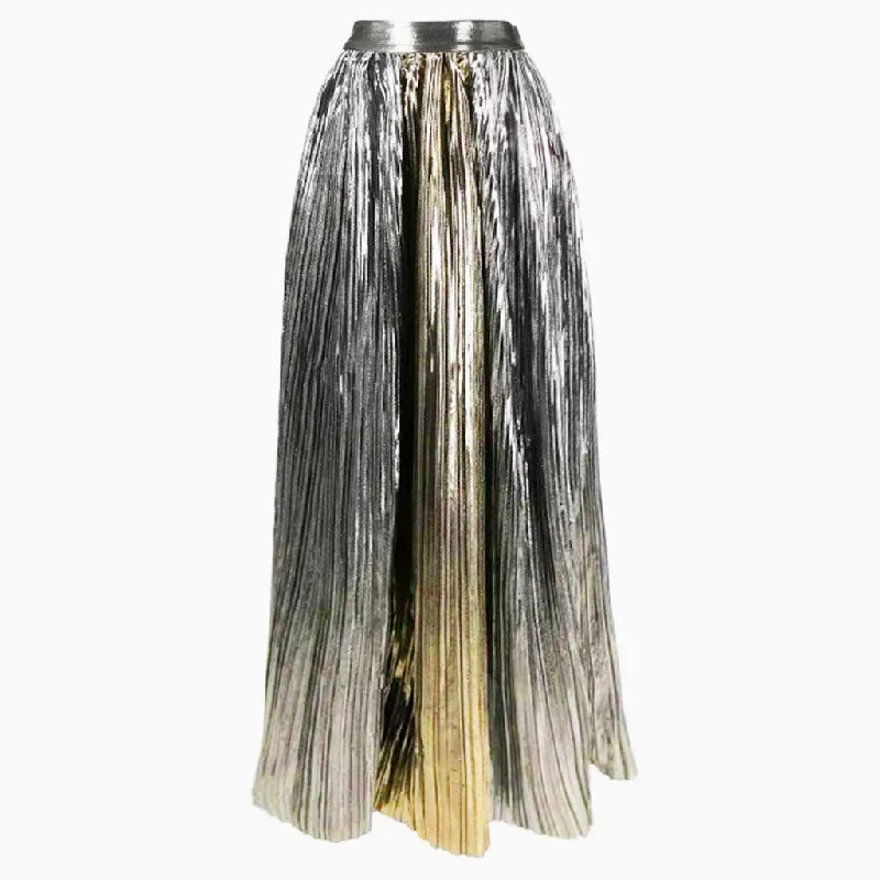 Luxury Metallic Finish High Waist Pleated A Line Summer Maxi Cover Up Skirt high slit skirt