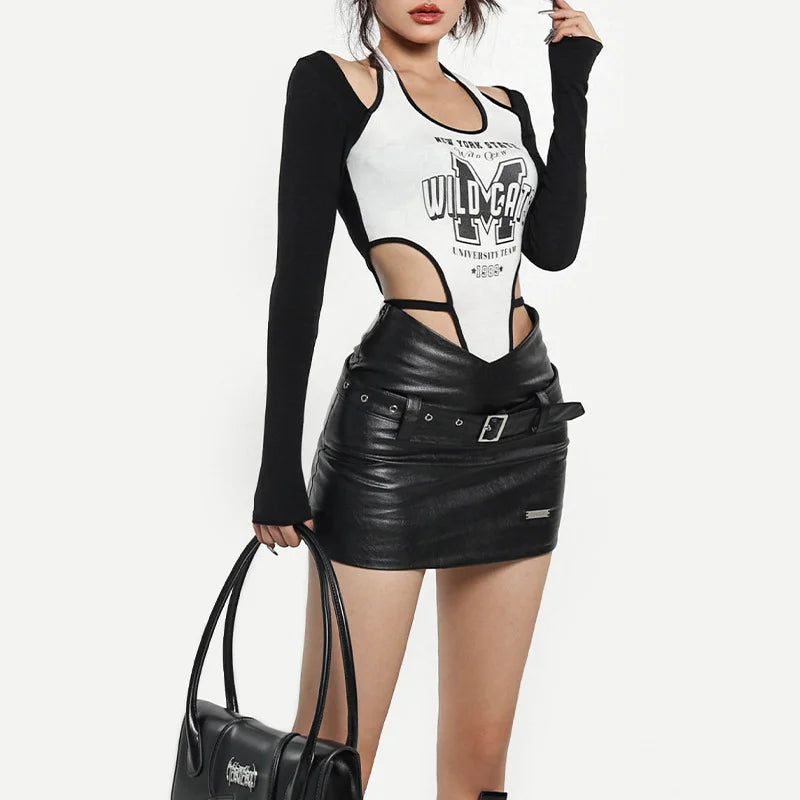 Sexy Tight High-Waist A-Line Mini Skirt with Gothic Belt Bottom leather skirt sleek