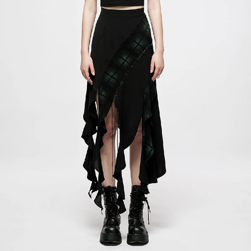 Women's Punk Ripped Green Plaid Irregular Hem Skirt wool skirt sturdy